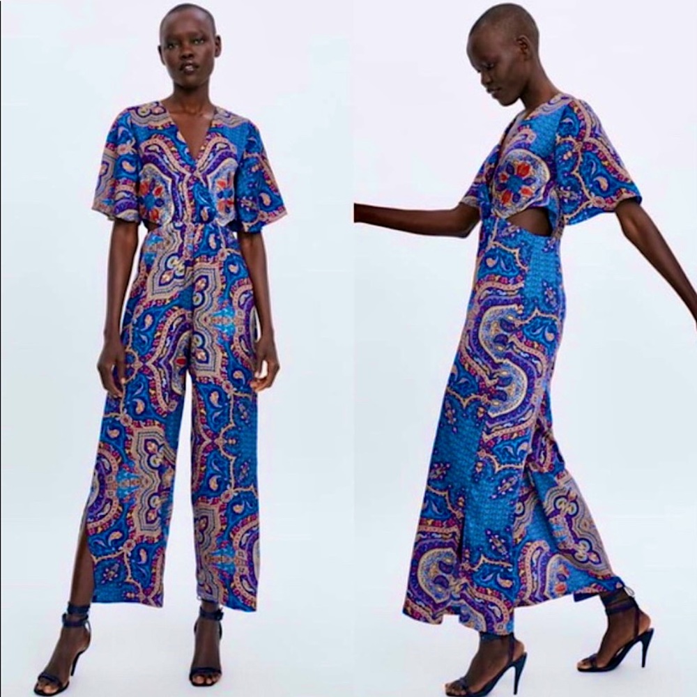 ZARA Chic Blue Paisley Satin BoHo Jumpsuit/Romper